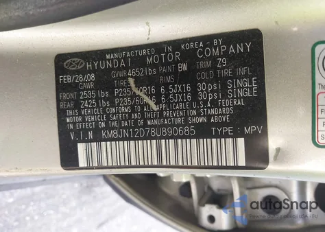 2008 Hyundai Tucson Limited V6/Se из США, поврежденный, VIN KM8JN12D78U890685